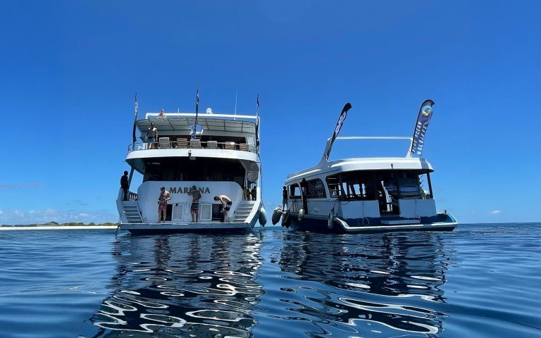 Surf charter boats Mariana and Dhoani anchored in the Central Atolls for the Maldives Surf Trip 2026 with Nordes Surfhouse.